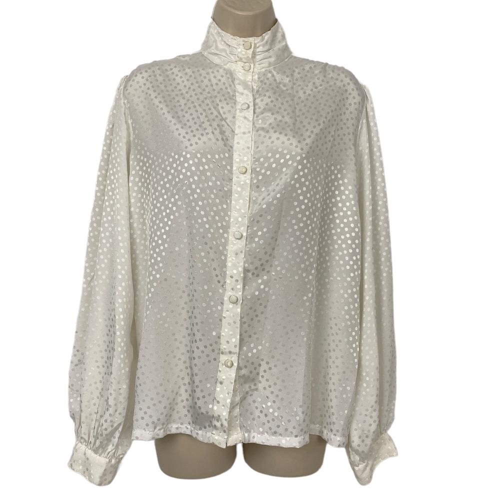 Vintage Helen Fabrikant Blouse Womens 12 White Satin Polka Dot Button Up Top
